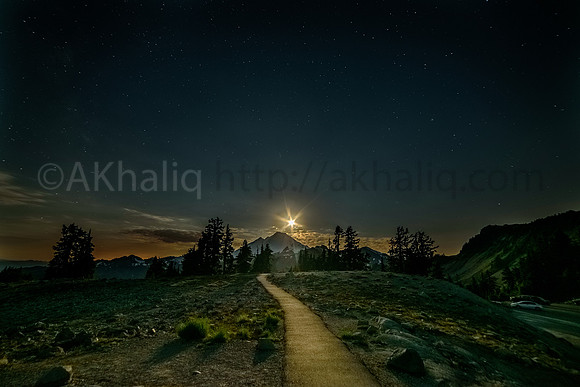 Road to moon - Moon about to set over ount Baker.