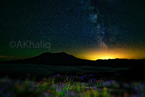 Milky Way, Fog, FlowersNight at Mount Saint Helens