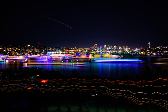Lines and curves, lights and color, Christmas decorations and Seattle skyline from Gasworks park.